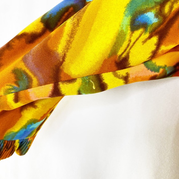Vintage 70's Dress Abstract Ruffle Watercolor Yellow Quarter Sleeve Approx 12 - Picture 4 of 6